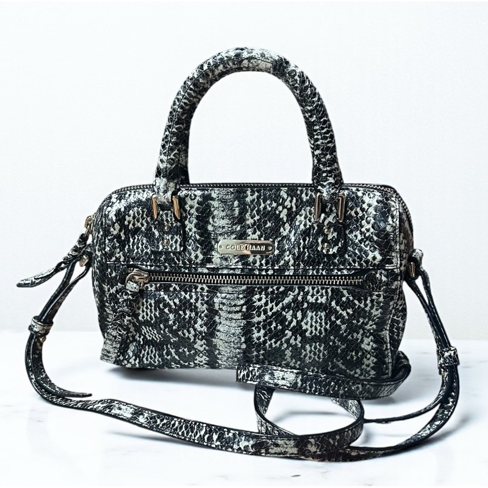 Cole Haan Snake Skin Print Leather Crossbody Bag Purse Black White Snakeskin